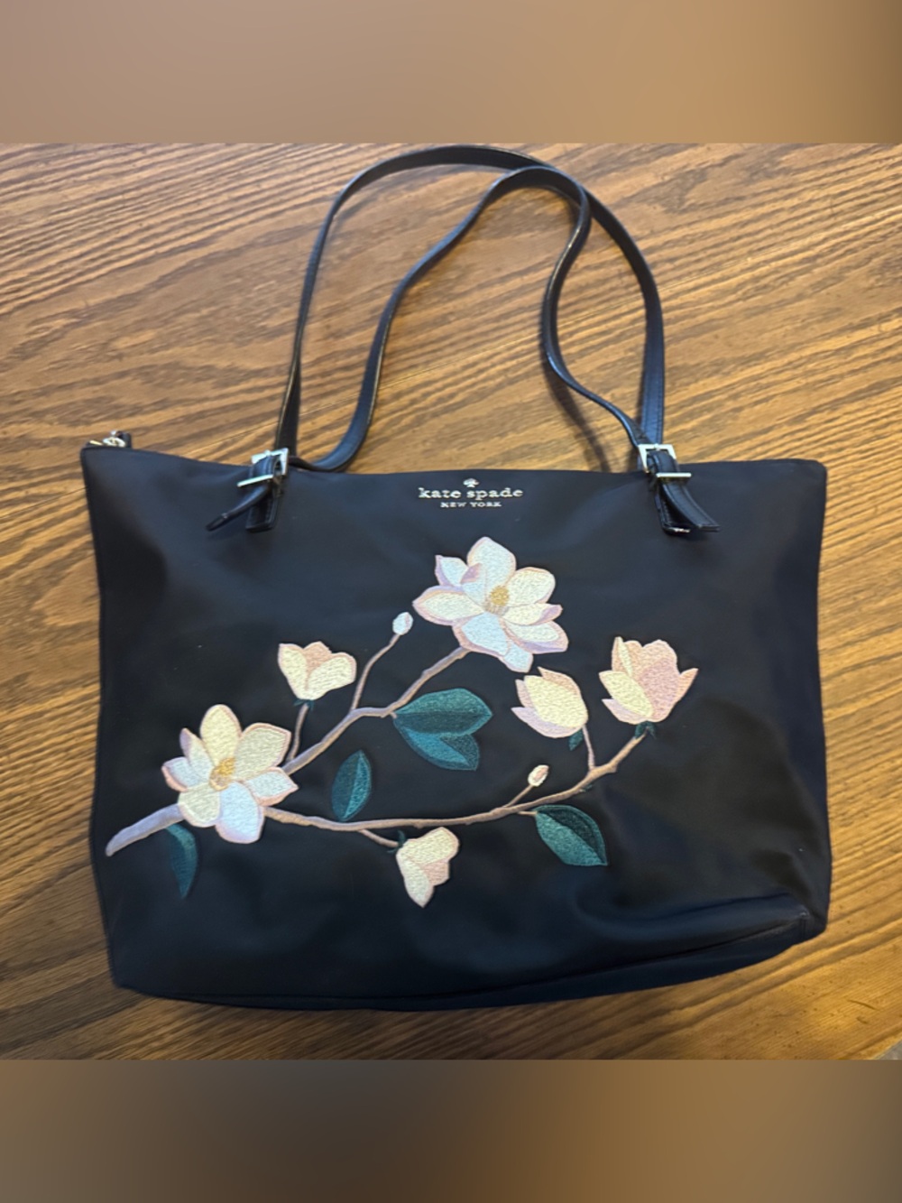 kate spade Black nylon Tote with Pastel Floral embroidery